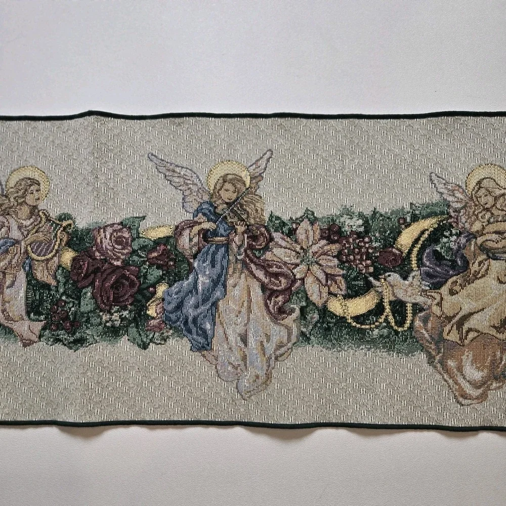 Tapestry Table Runner Christmas Angel Wreath 13X72 Green‎ USA Made Glitter Long